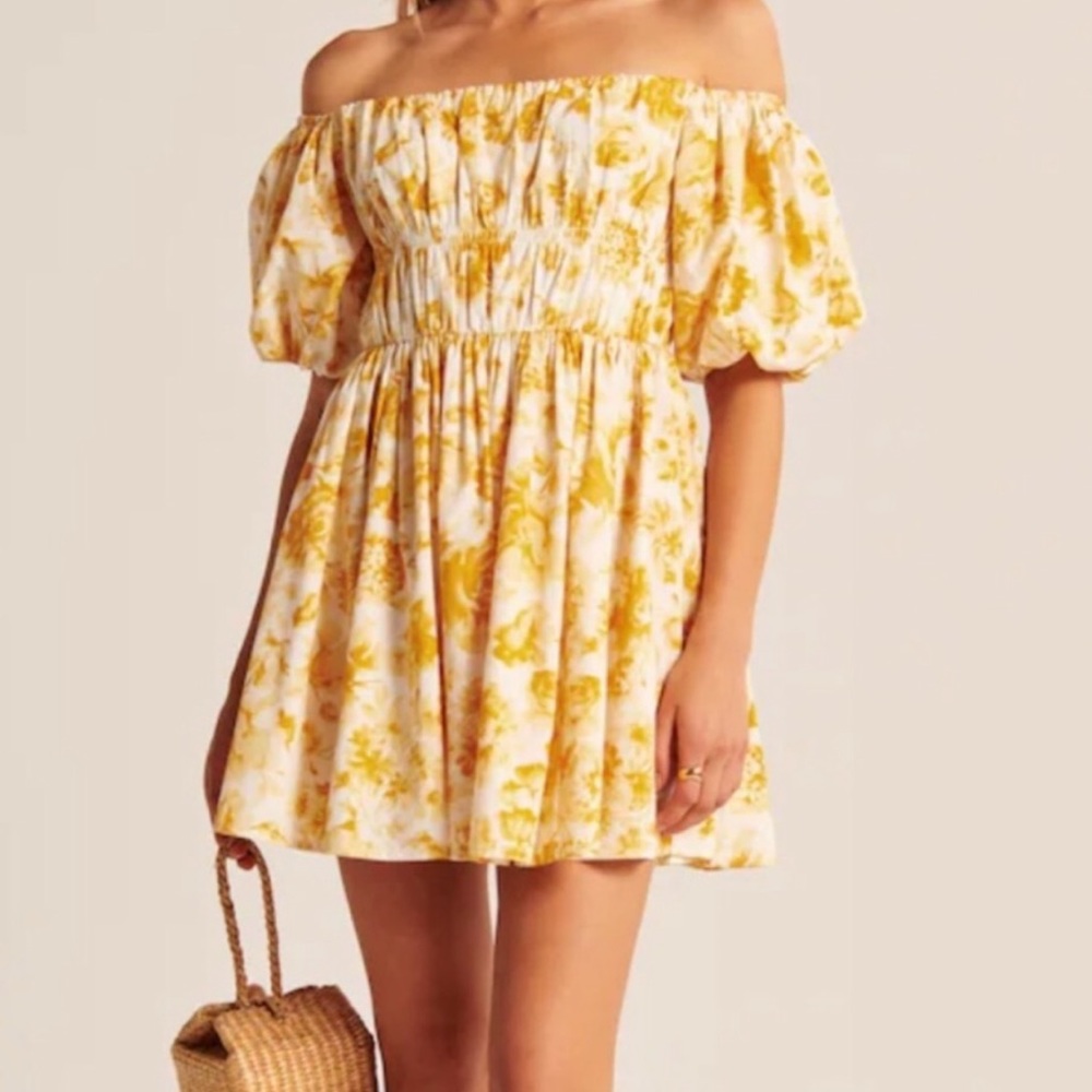 Abercrombie & Fitch White and Yellow Floral Off-Shoulder Mini Dress